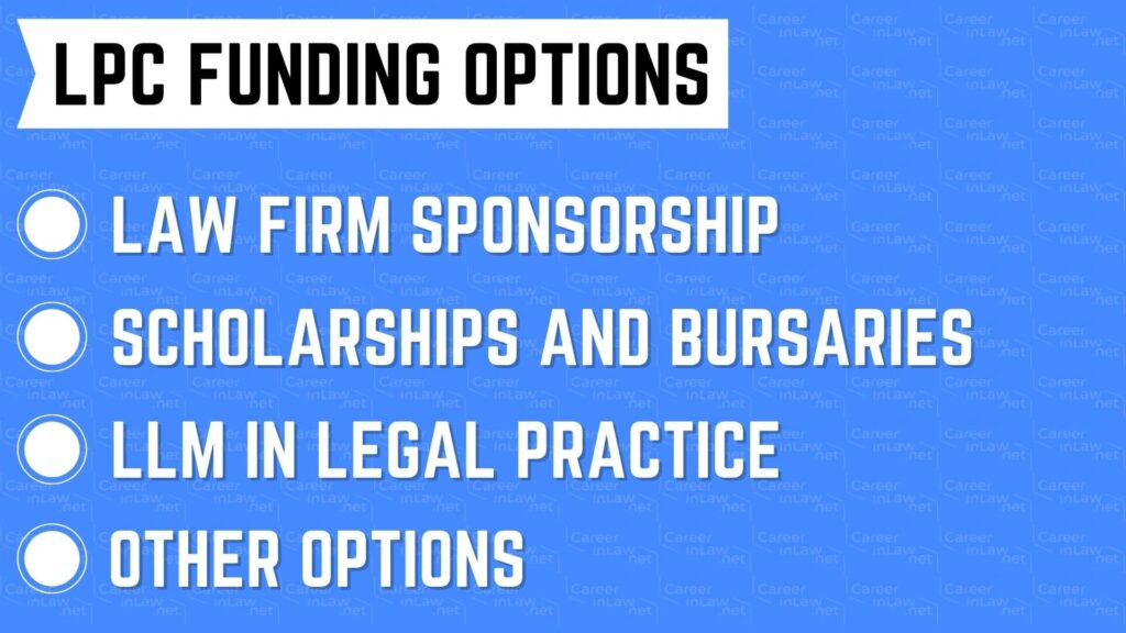 A list that shows LPC funding options for students in England and Wales