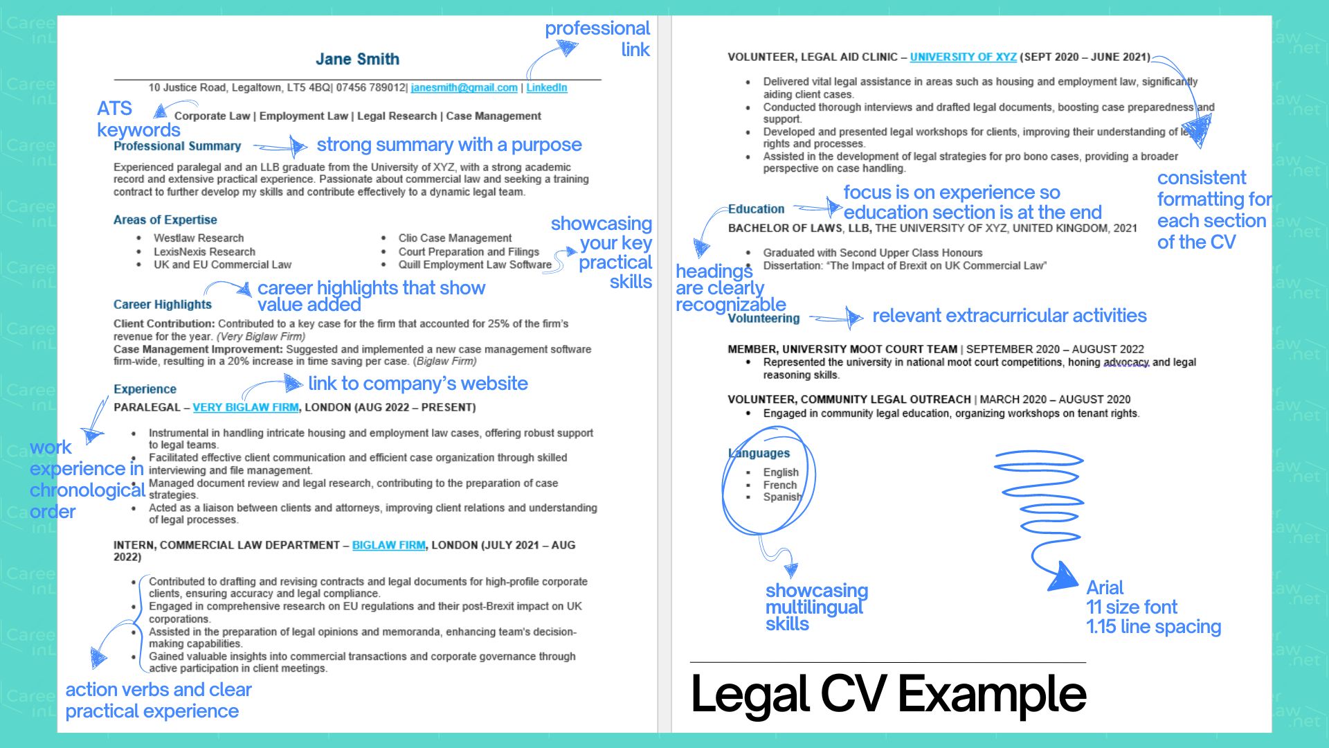 Example of a Legal CV, Resume for Law Students and Law Graduates with Instructions on How To Write It in UK